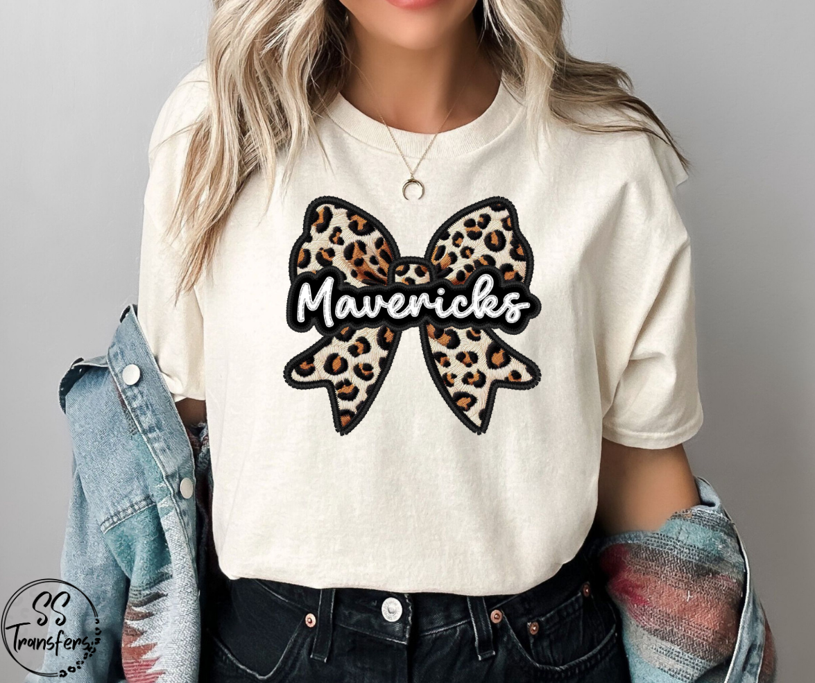 Faux Embroidered Leopard Bow Mascots (Multiple Teams) DTF Transfer