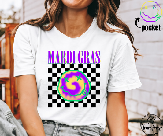 Mardi Gras Watercolor Face Checkered (pocket included) DTF Transfer