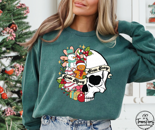 Sorta Merry Sorta Scary Skull DTF Transfer