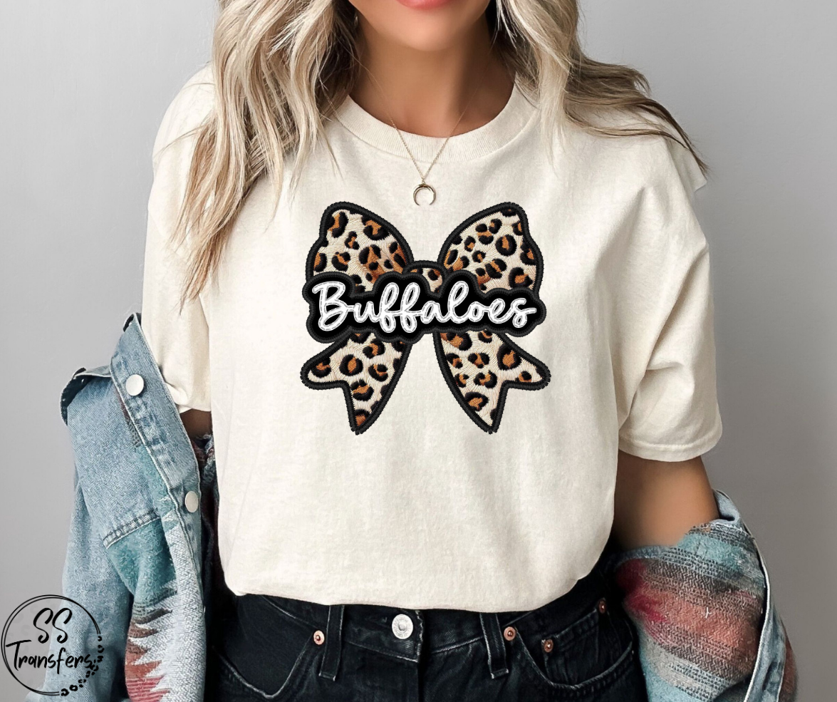 Faux Embroidered Leopard Bow Mascots (Multiple Teams) DTF Transfer