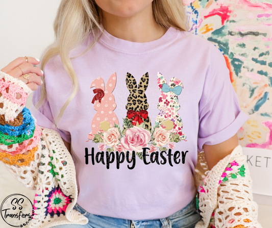 Happy Easter Floral and Leopard Bunnies DTF Transfer