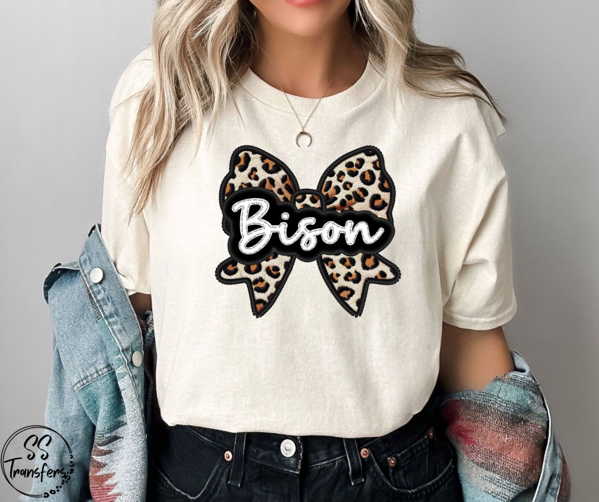 Faux Embroidered Leopard Bow Mascots (Multiple Teams) DTF Transfer