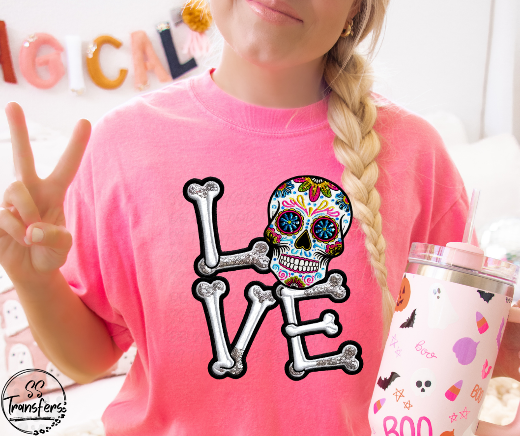 Love Faux Embroidered Sugar Skull DTF Transfer