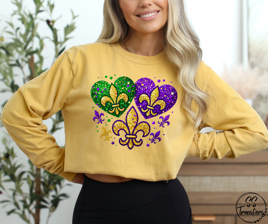 Fleur De Lis Hearts Faux Glitter DTF Transfer