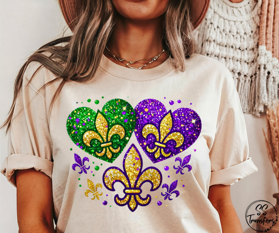 Fleur De Lis Hearts Faux Glitter DTF Transfer