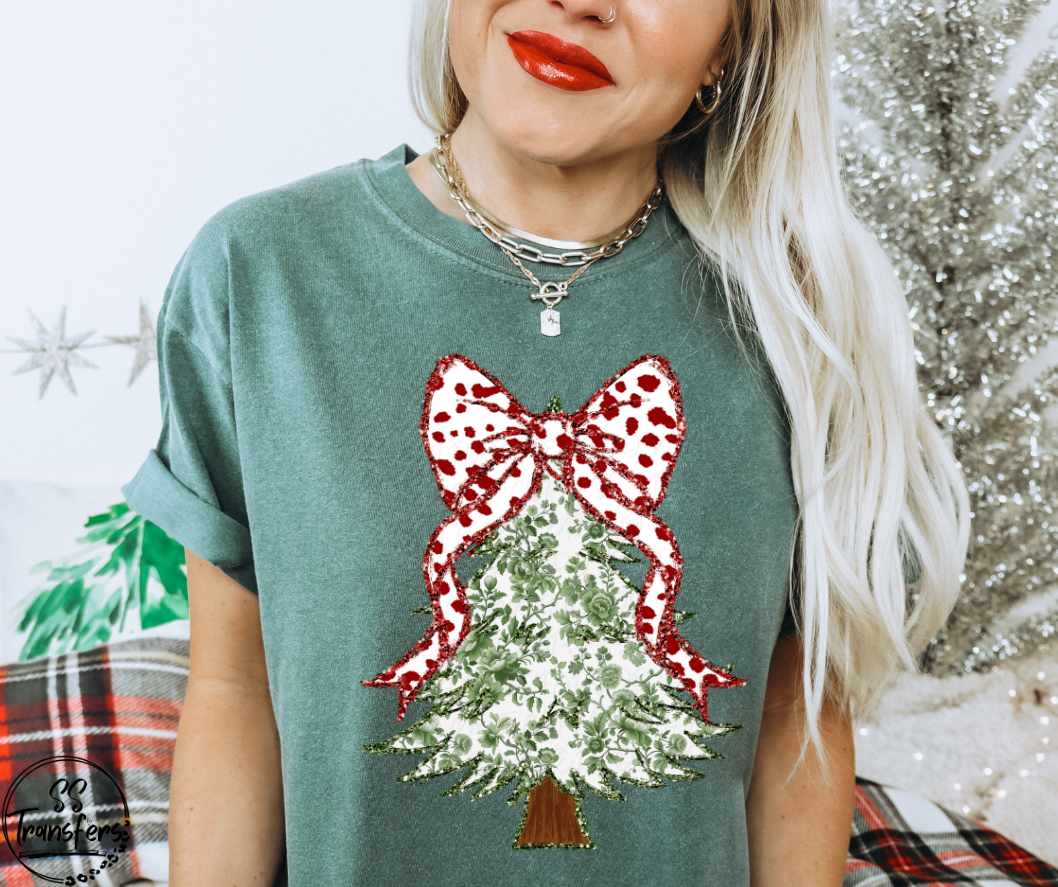 Green Floral Tree Red Dot Bow DTF Transfer