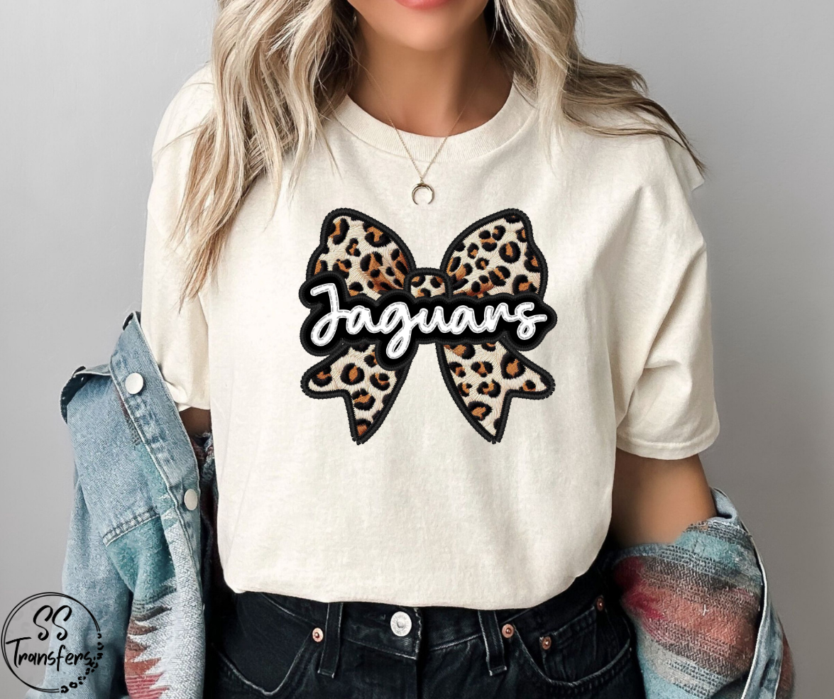 Faux Embroidered Leopard Bow Mascots (Multiple Teams) DTF Transfer