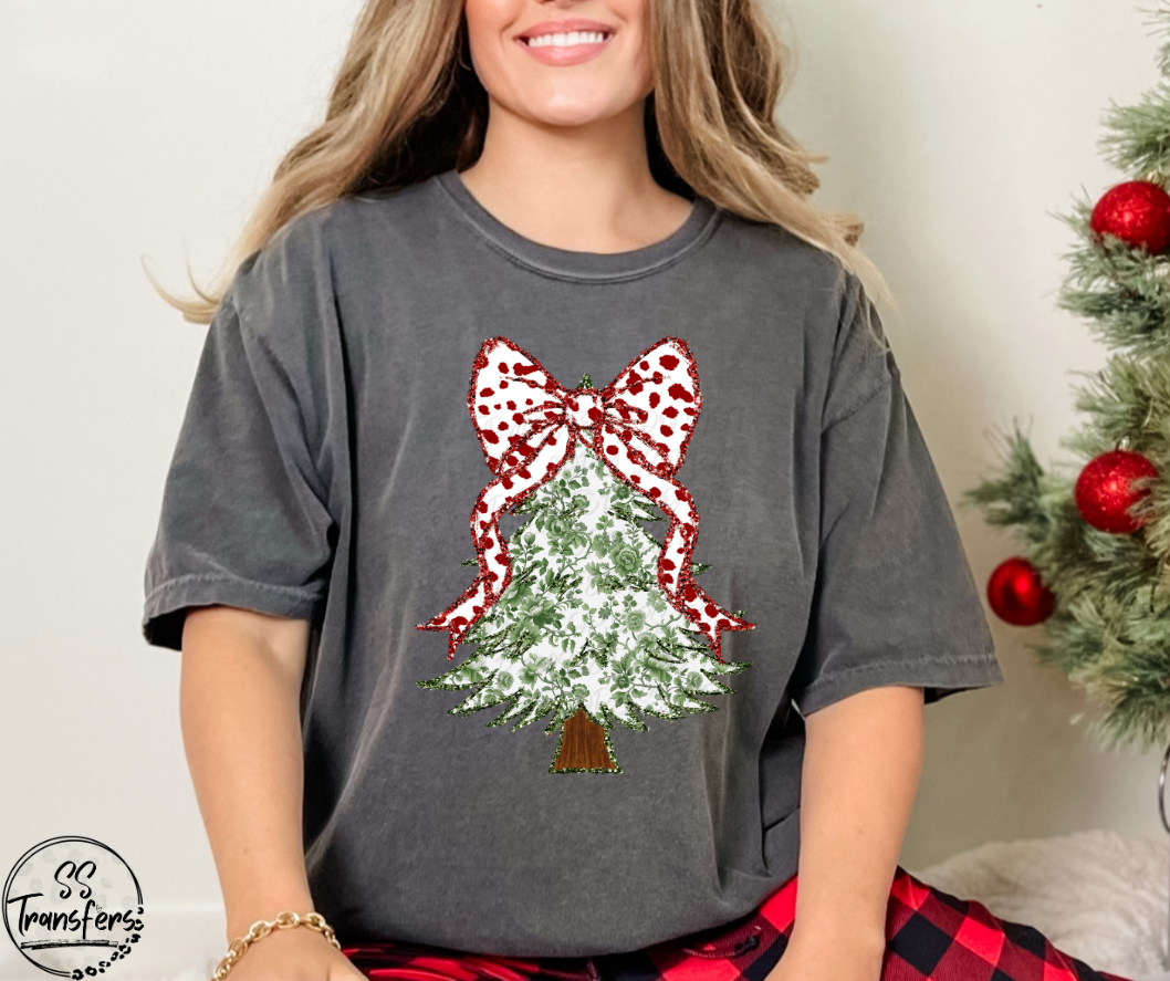 Green Floral Tree Red Dot Bow DTF Transfer