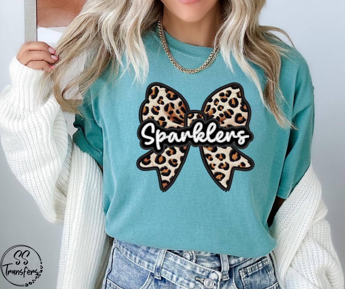 Faux Embroidered Leopard Bow Mascots (Multiple Teams) DTF Transfer