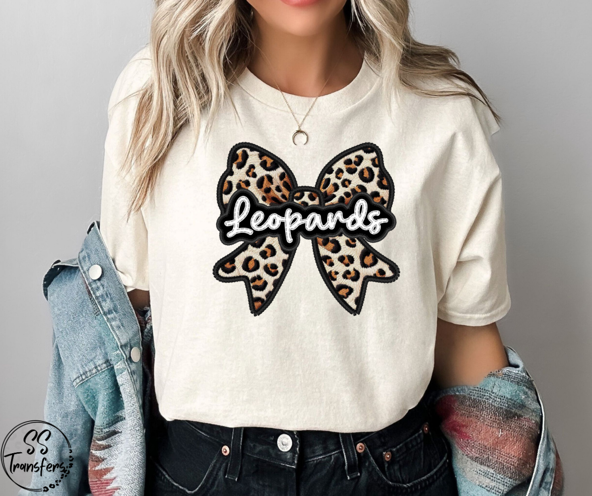 Faux Embroidered Leopard Bow Mascots (Multiple Teams) DTF Transfer