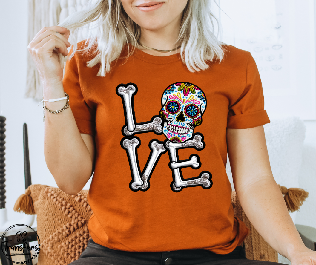 Love Faux Embroidered Sugar Skull DTF Transfer