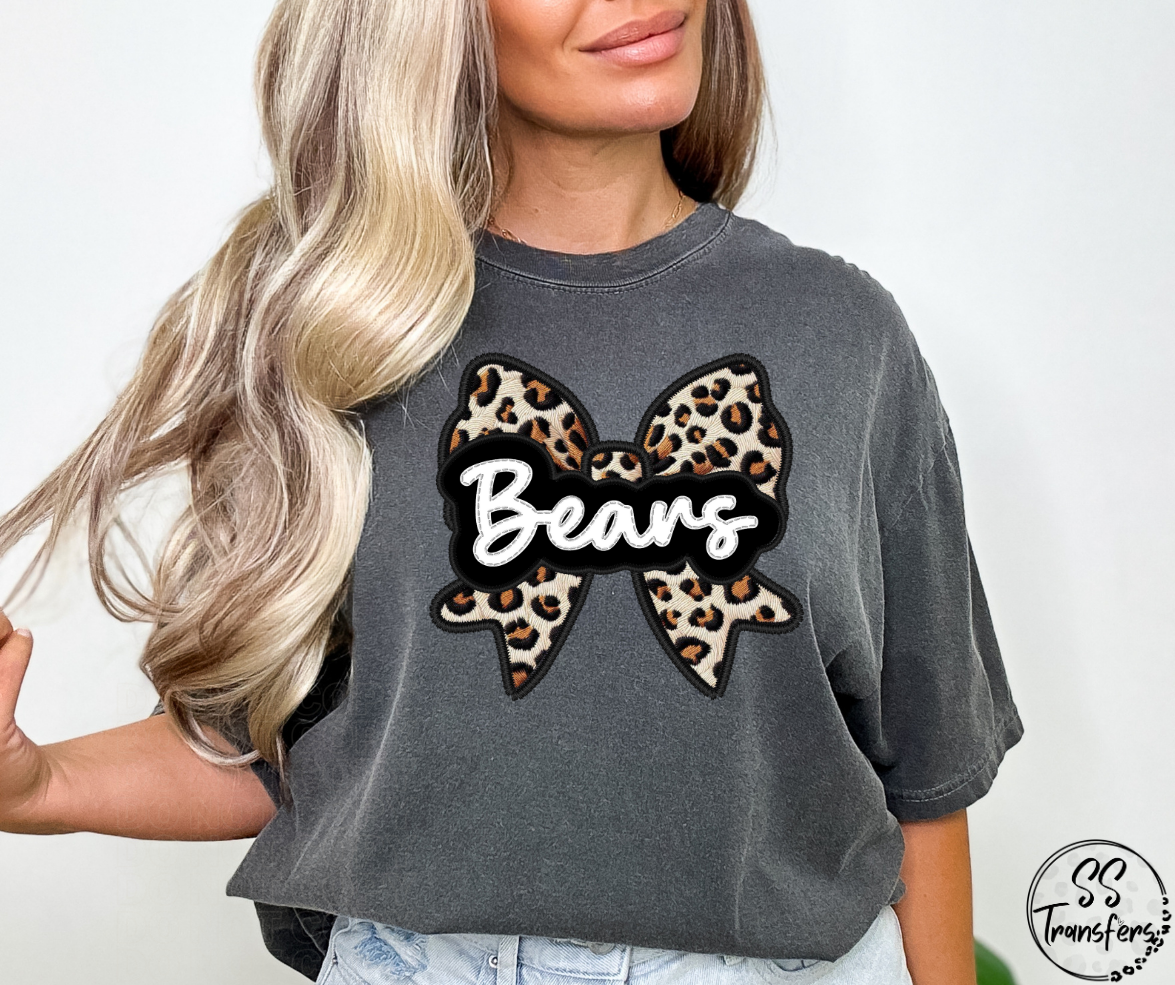 Faux Embroidered Leopard Bow Mascots (Multiple Teams) DTF Transfer