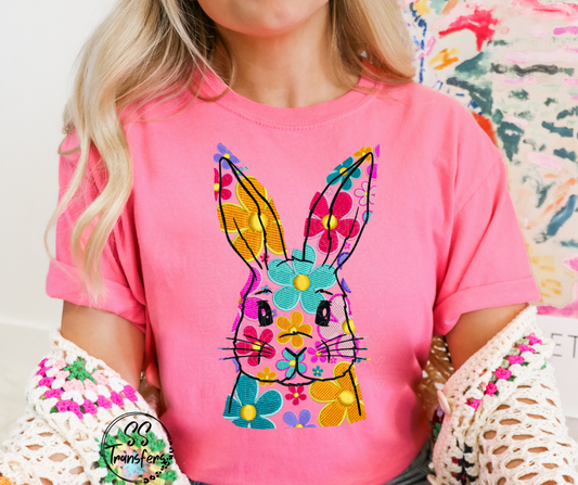 Faux Embroidered Flower Bunny DTF Transfer