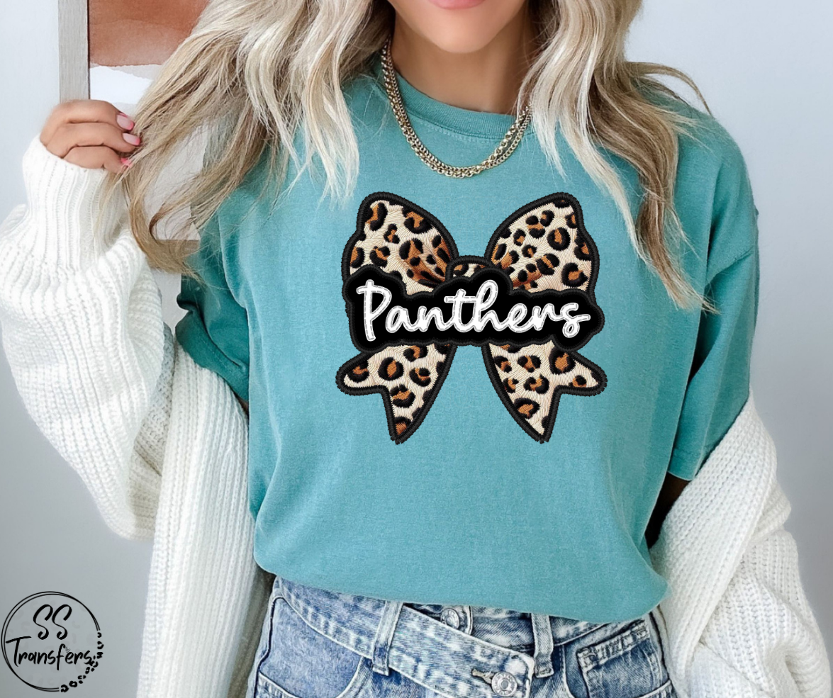 Faux Embroidered Leopard Bow Mascots (Multiple Teams) DTF Transfer