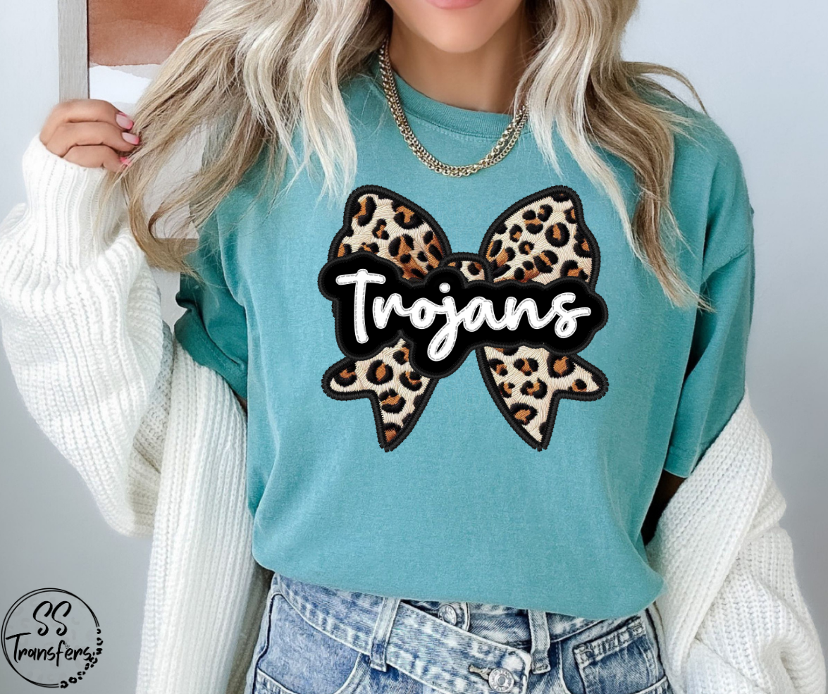 Faux Embroidered Leopard Bow Mascots (Multiple Teams) DTF Transfer