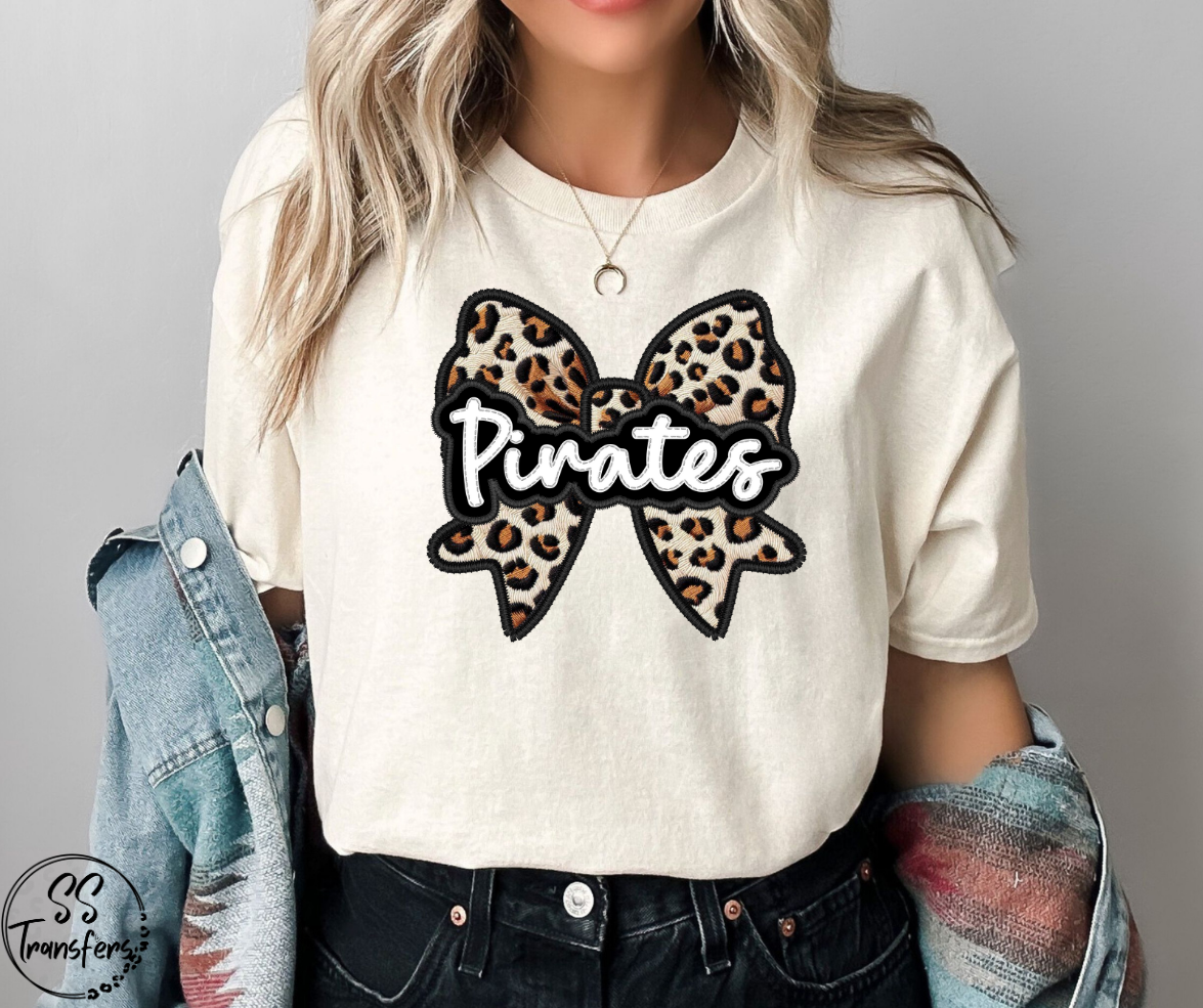 Faux Embroidered Leopard Bow Mascots (Multiple Teams) DTF Transfer