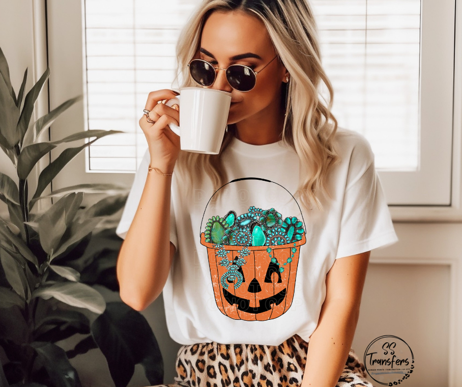 Pumpkin Bucket Turquoise DTF Transfer