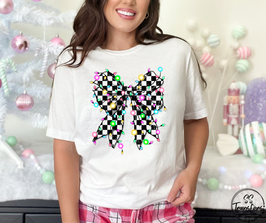 Christmas Lights Checkered Bow DTF Transfer