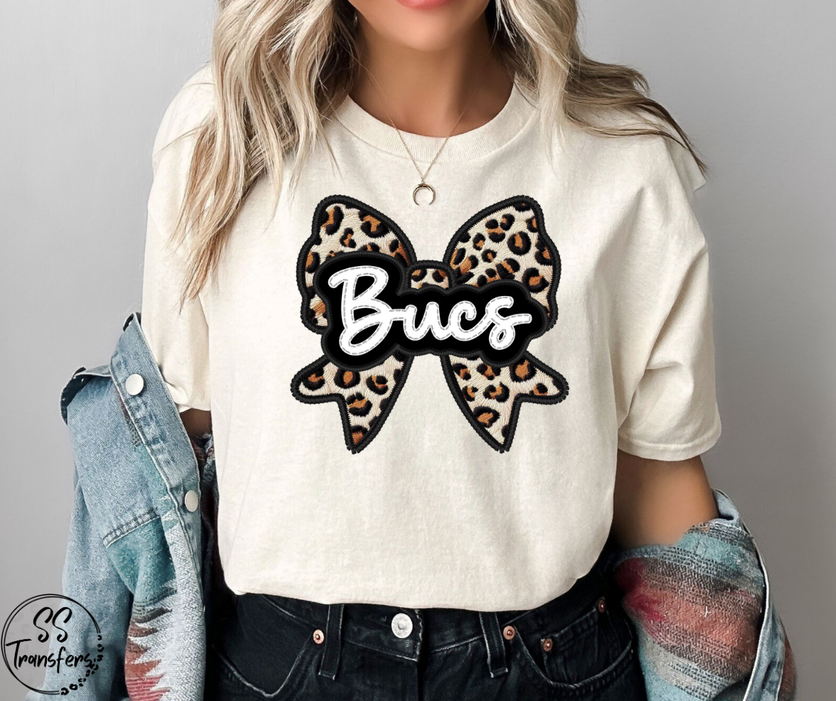 Faux Embroidered Leopard Bow Mascots (Multiple Teams) DTF Transfer