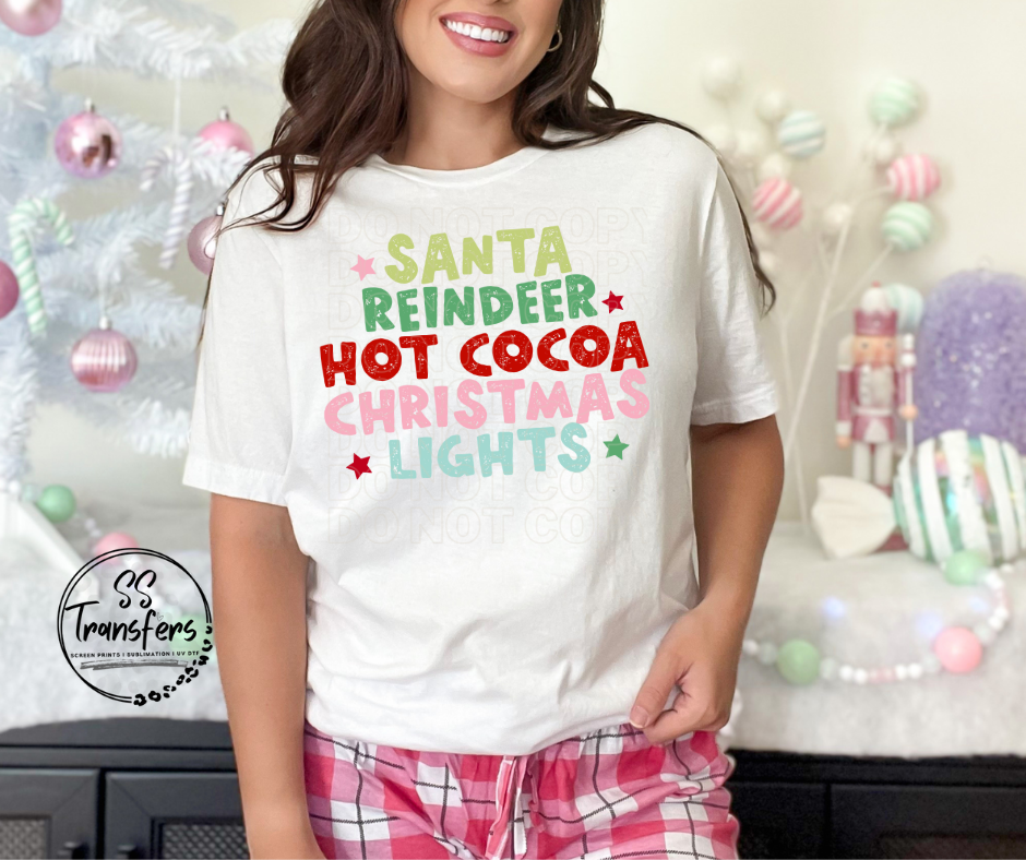 Santa Reindeer Hot Cocoa Christmas Lights DTF Transfer