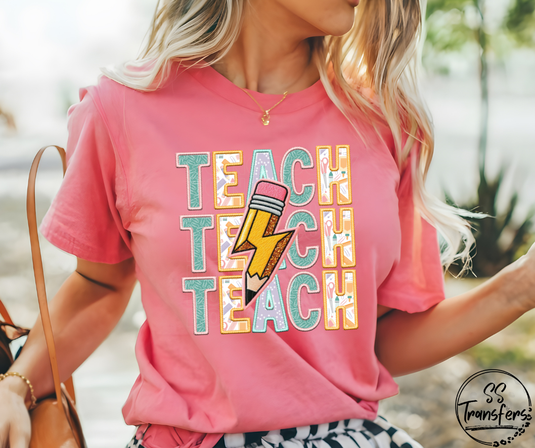 Teach Stacked Faux Embroidered (Multiple Colors) DTF Transfer