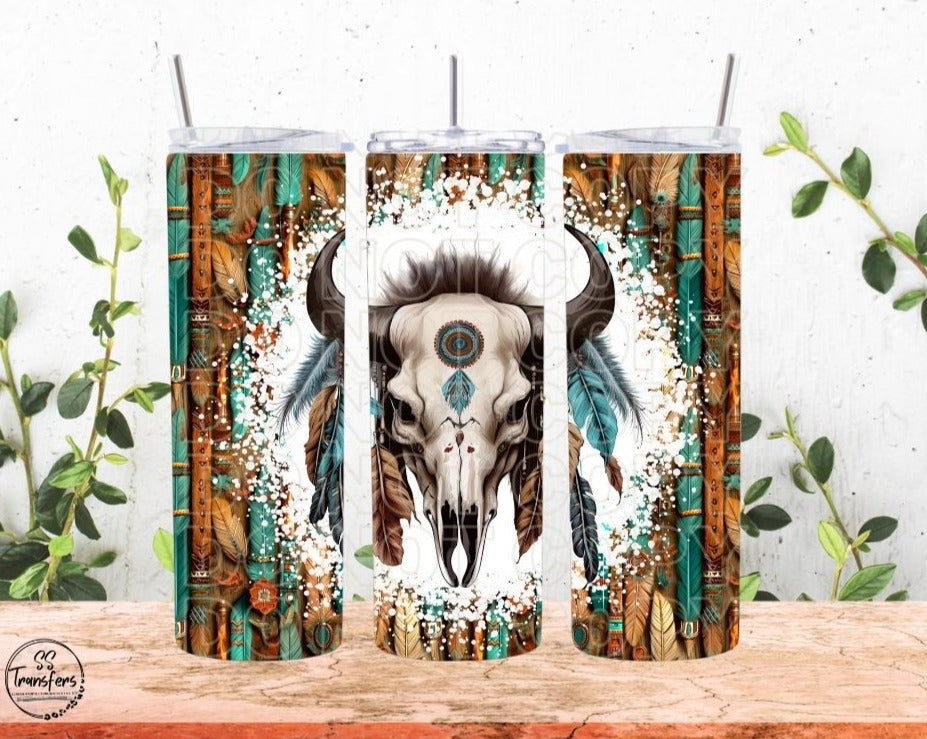 Native Bull Skull With Feathers Sub Tumbler Transfer