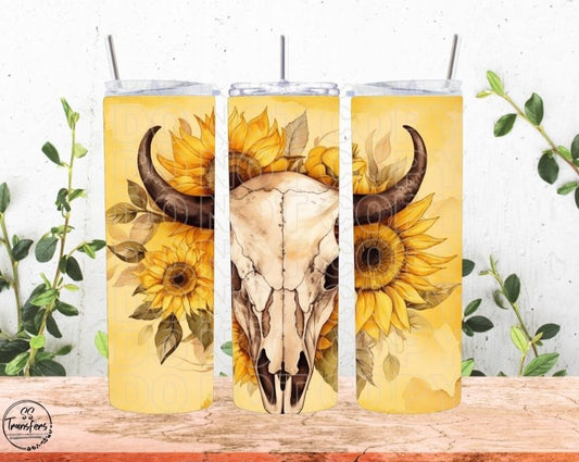 Watercolor Sunflower & Bull Skull Sub Tumbler Transfer