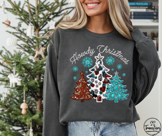 Howdy Christmas Turquoise Trees DTF Transfer