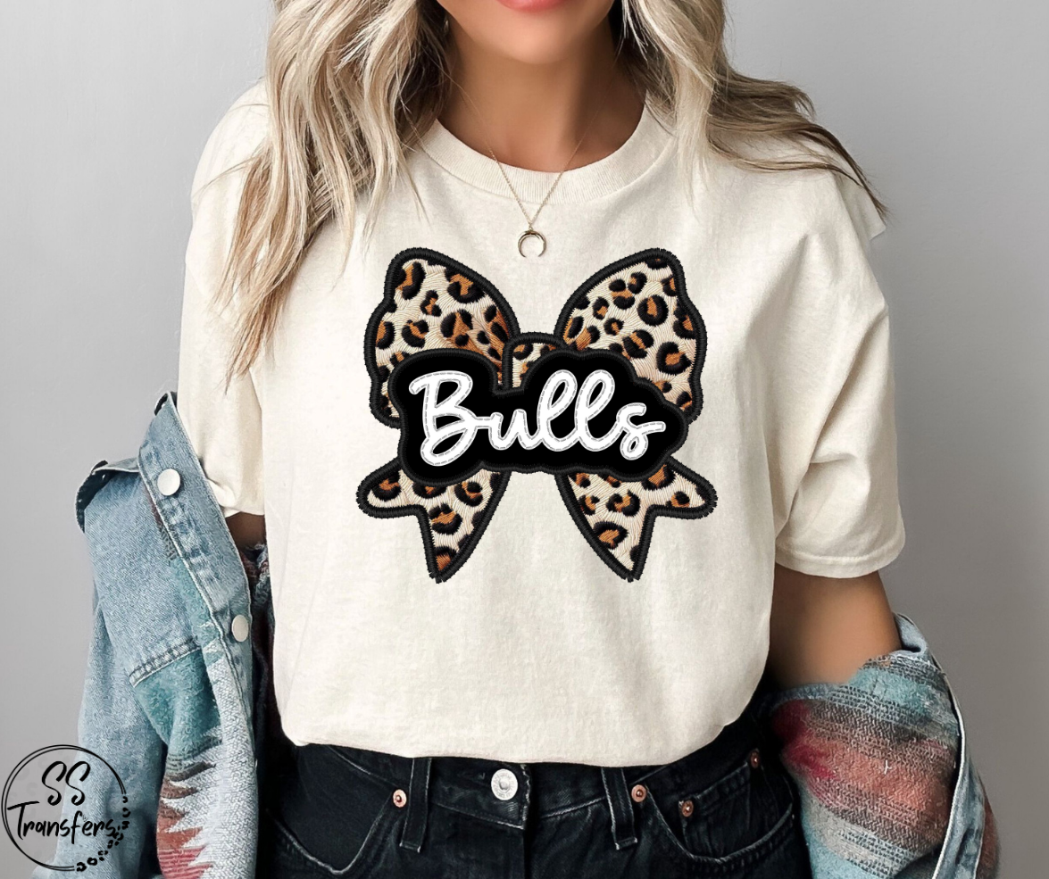 Faux Embroidered Leopard Bow Mascots (Multiple Teams) DTF Transfer