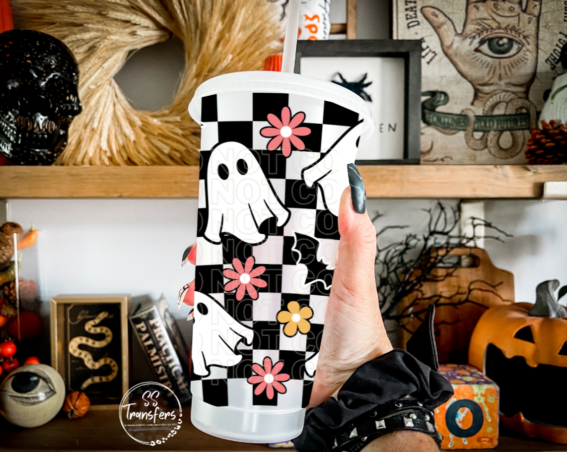 Daisy Checkered Ghost Cold Cup UV Wrap