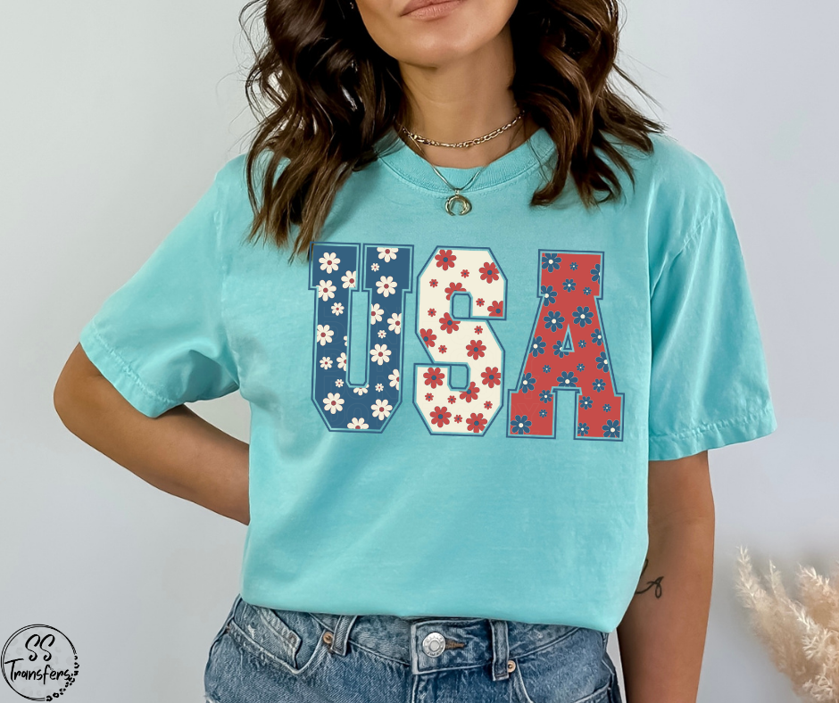 USA Red, White, Blue Floral Letters DTF Transfer
