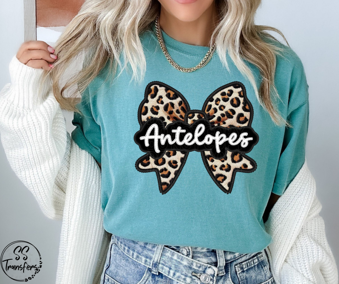 Faux Embroidered Leopard Bow Mascots (Multiple Teams) DTF Transfer