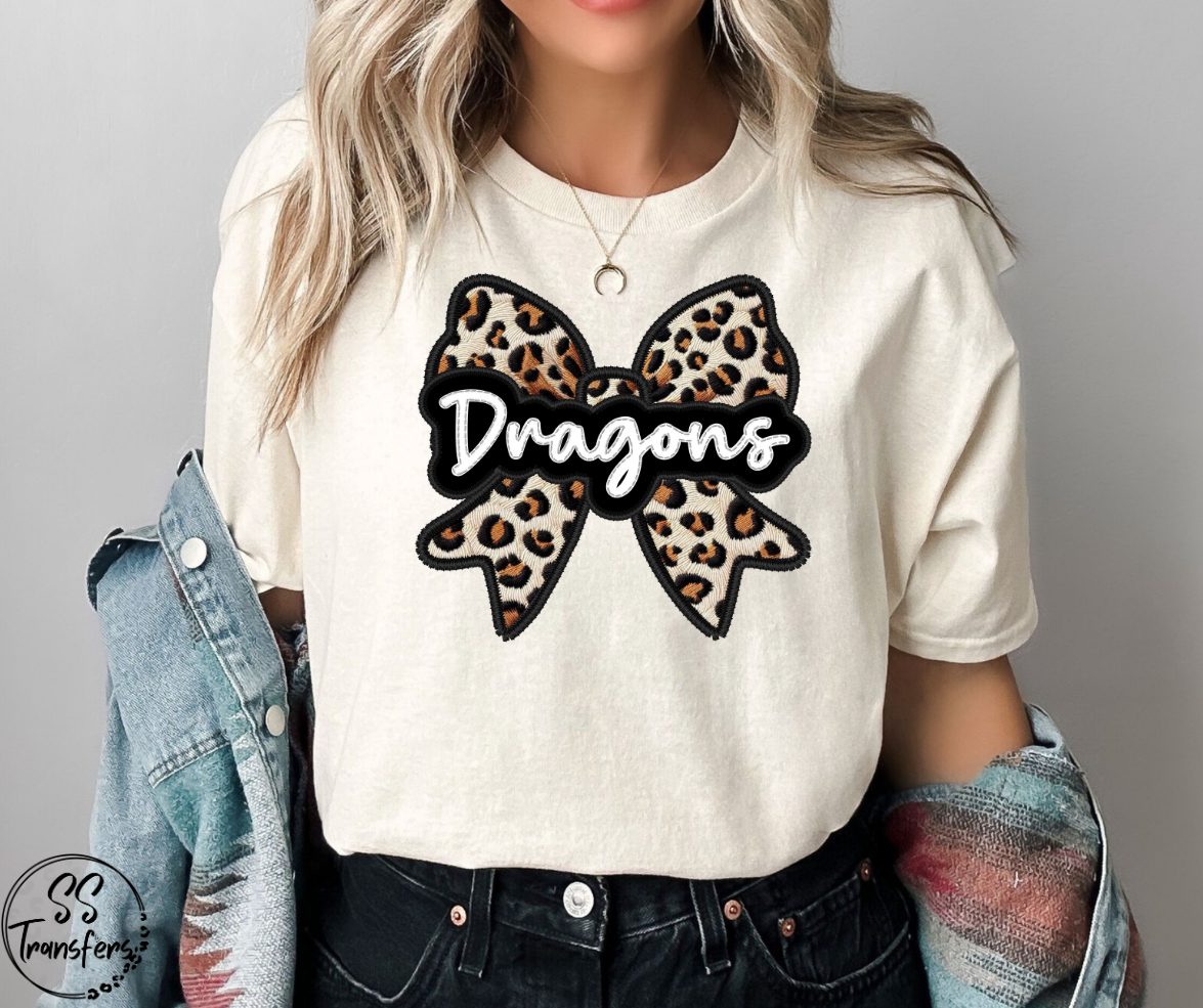 Faux Embroidered Leopard Bow Mascots (Multiple Teams) DTF Transfer