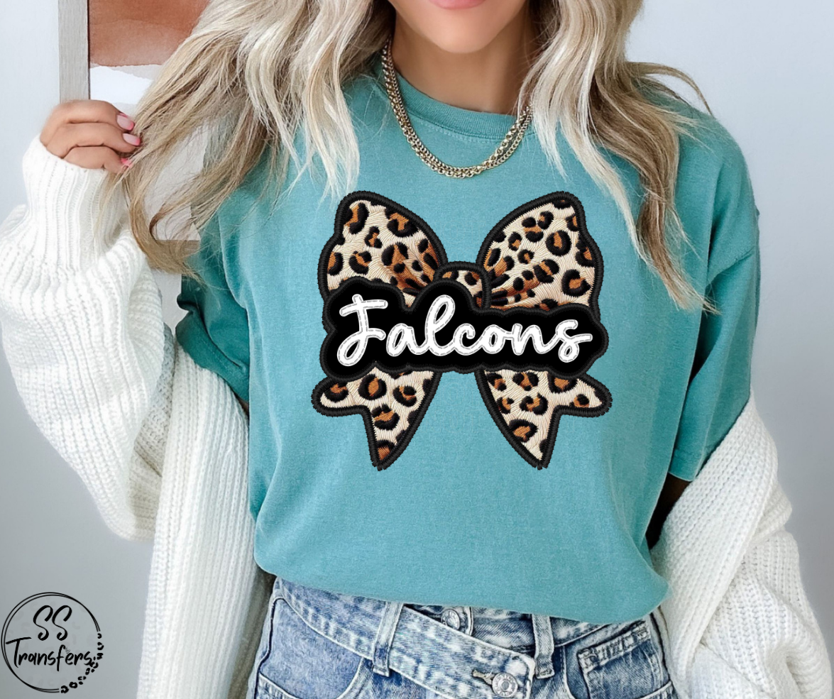 Faux Embroidered Leopard Bow Mascots (Multiple Teams) DTF Transfer