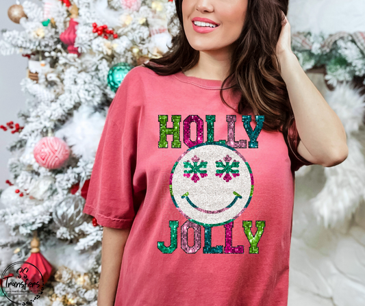 Faux Glitter Holly Jolly DTF Transfer