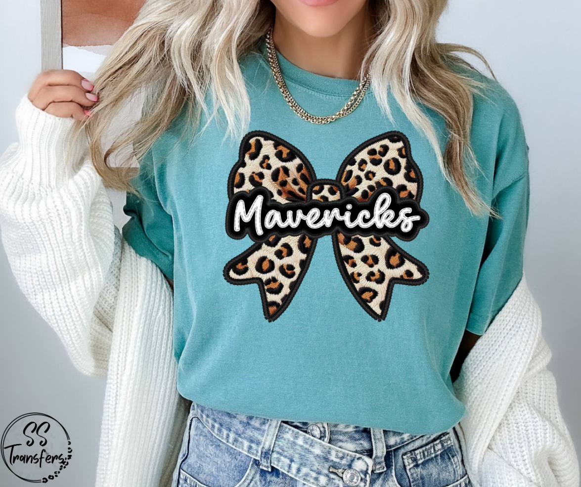 Faux Embroidered Leopard Bow Mascots (Multiple Teams) DTF Transfer