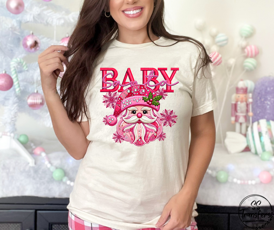 Santa Baby Pink Faux Embroidered DTF Transfer