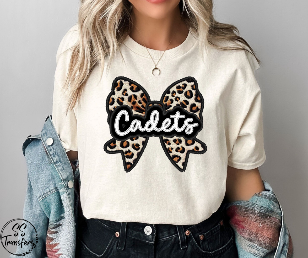 Faux Embroidered Leopard Bow Mascots (Multiple Teams) DTF Transfer