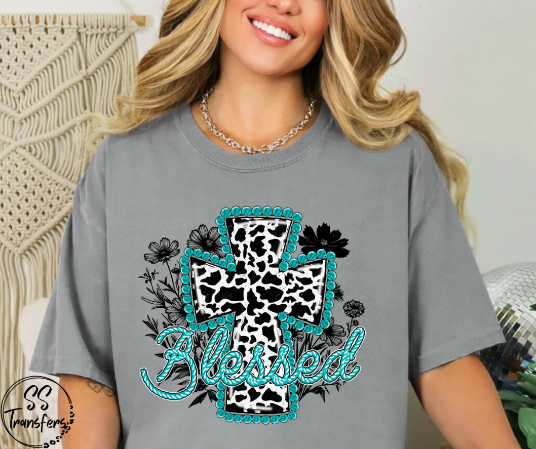 Blessed Cowprint and Turquoise Cross DTF Transfer