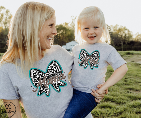 Turquoise Cow Print Bow Mama/Mini DTF Transfer
