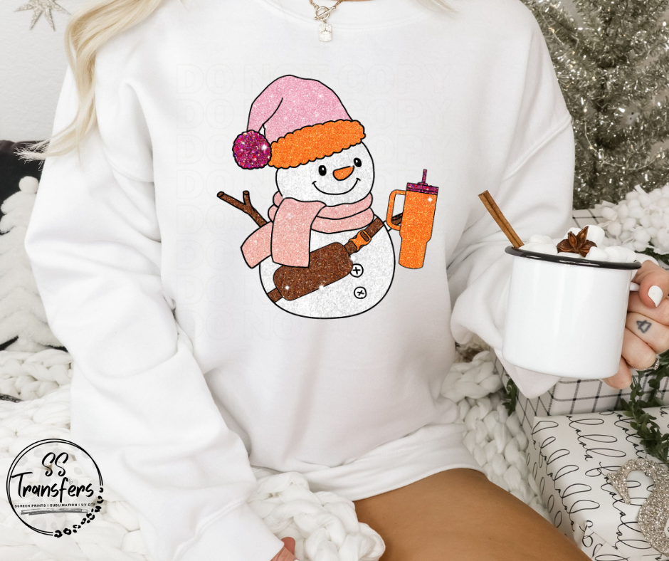 Faux Glitter Pink and Orange Snowman DTF Transfer