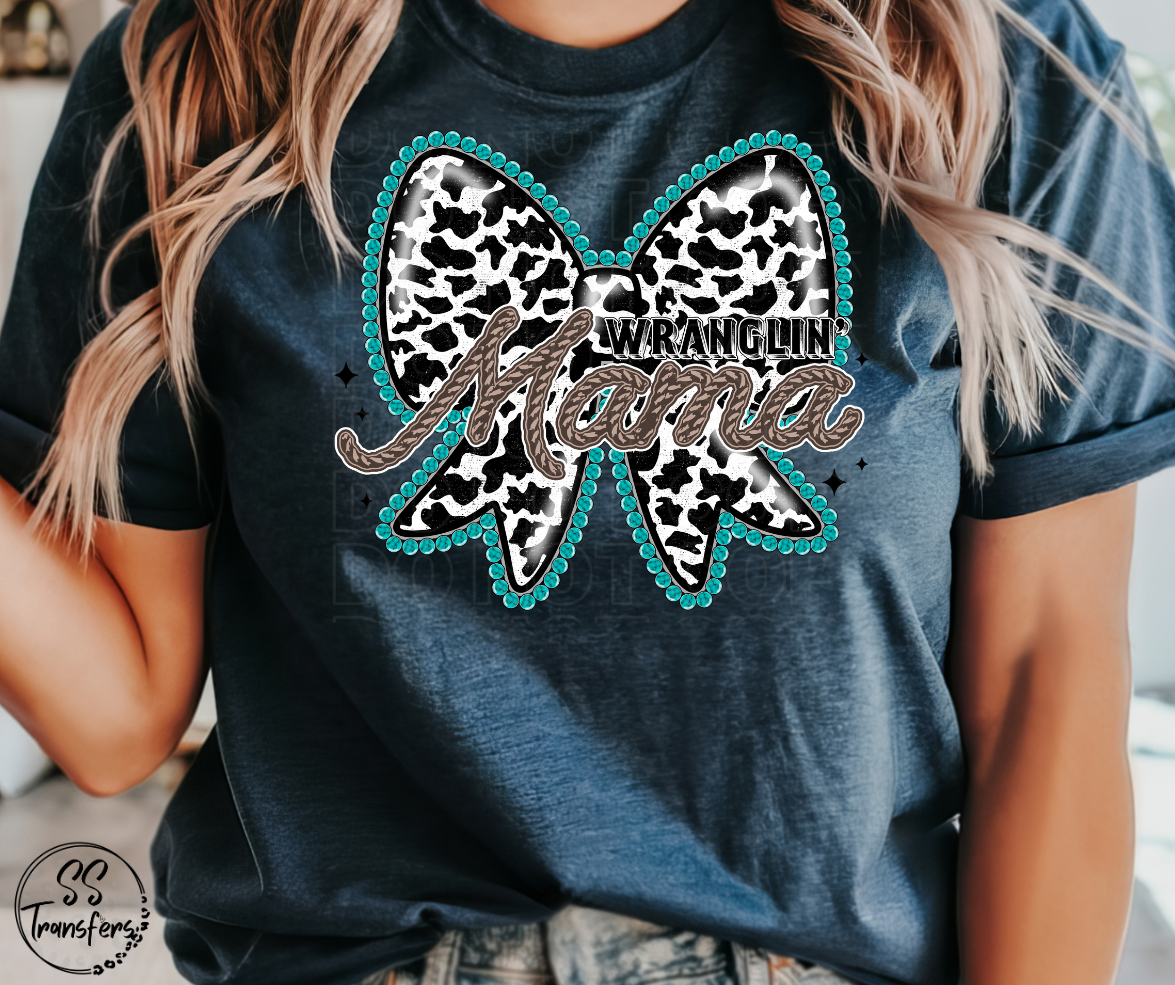 Turquoise Cow Print Bow Mama/Mini DTF Transfer