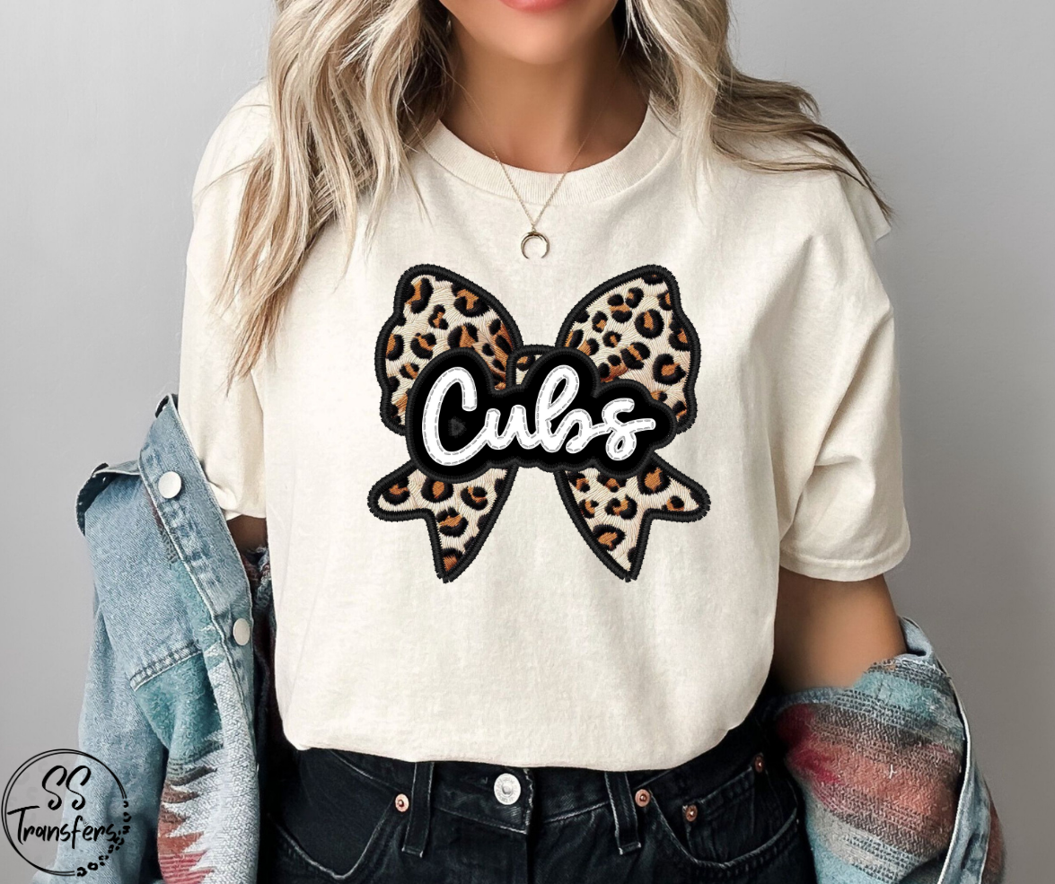 Faux Embroidered Leopard Bow Mascots (Multiple Teams) DTF Transfer