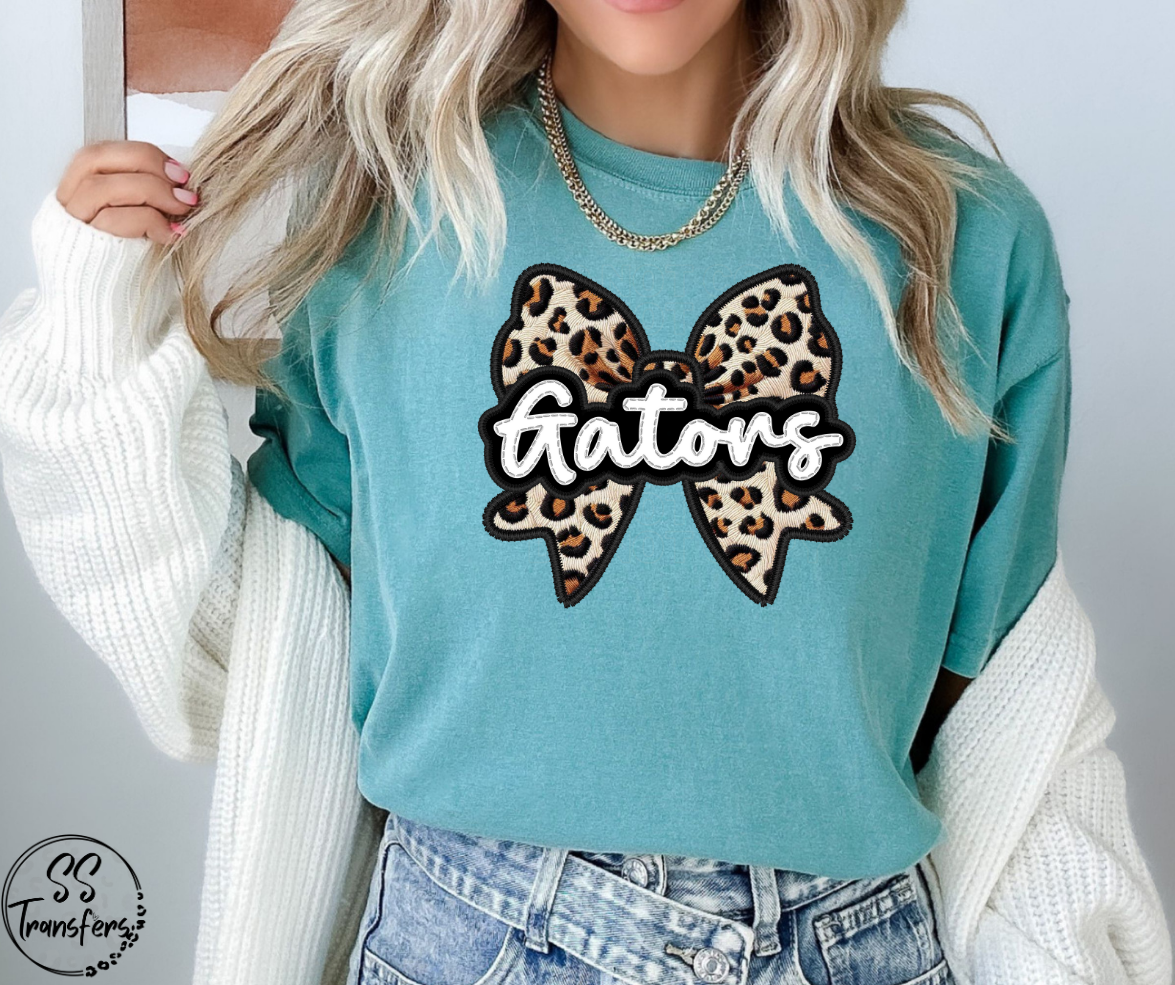 Faux Embroidered Leopard Bow Mascots (Multiple Teams) DTF Transfer