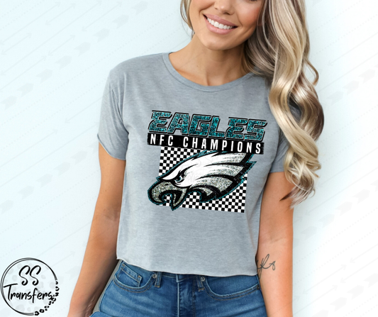 Faux Glitter Checkered Eagles Italic NFC Champions DTF Transfer