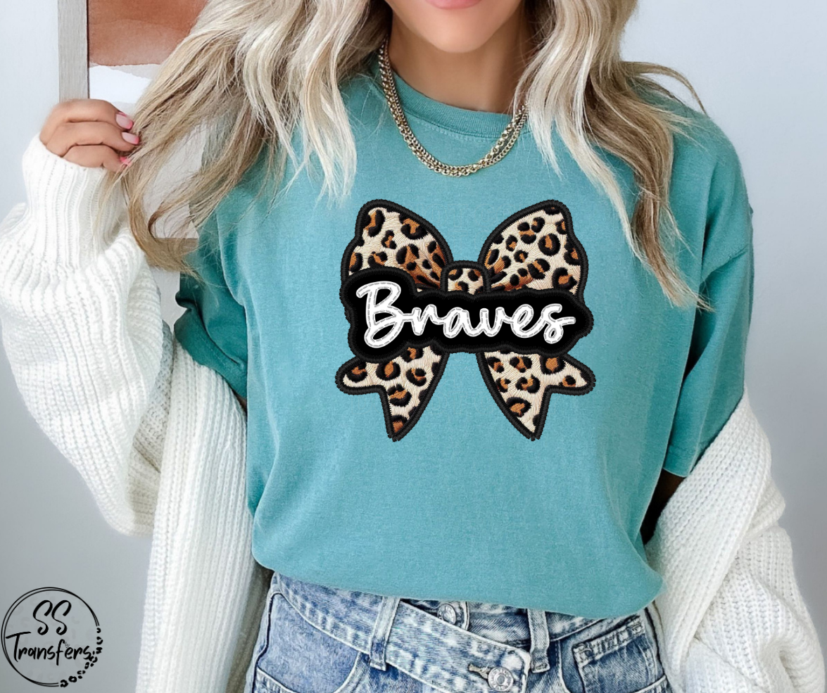 Faux Embroidered Leopard Bow Mascots (Multiple Teams) DTF Transfer