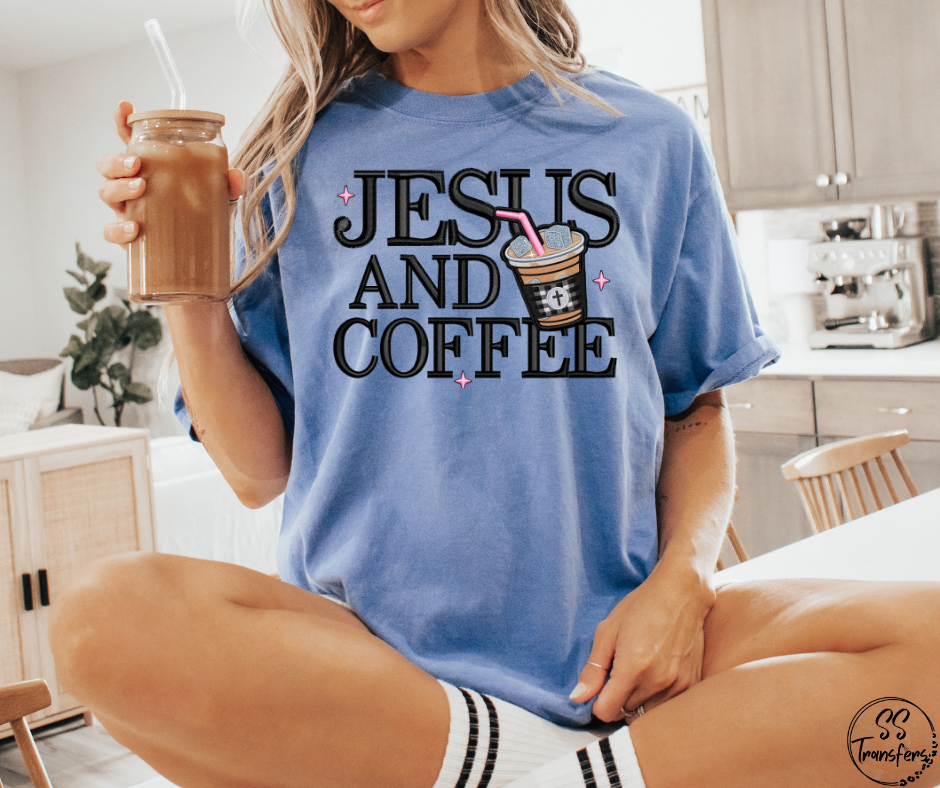 Jesus and Coffee Faux Embroider DTF Transfer