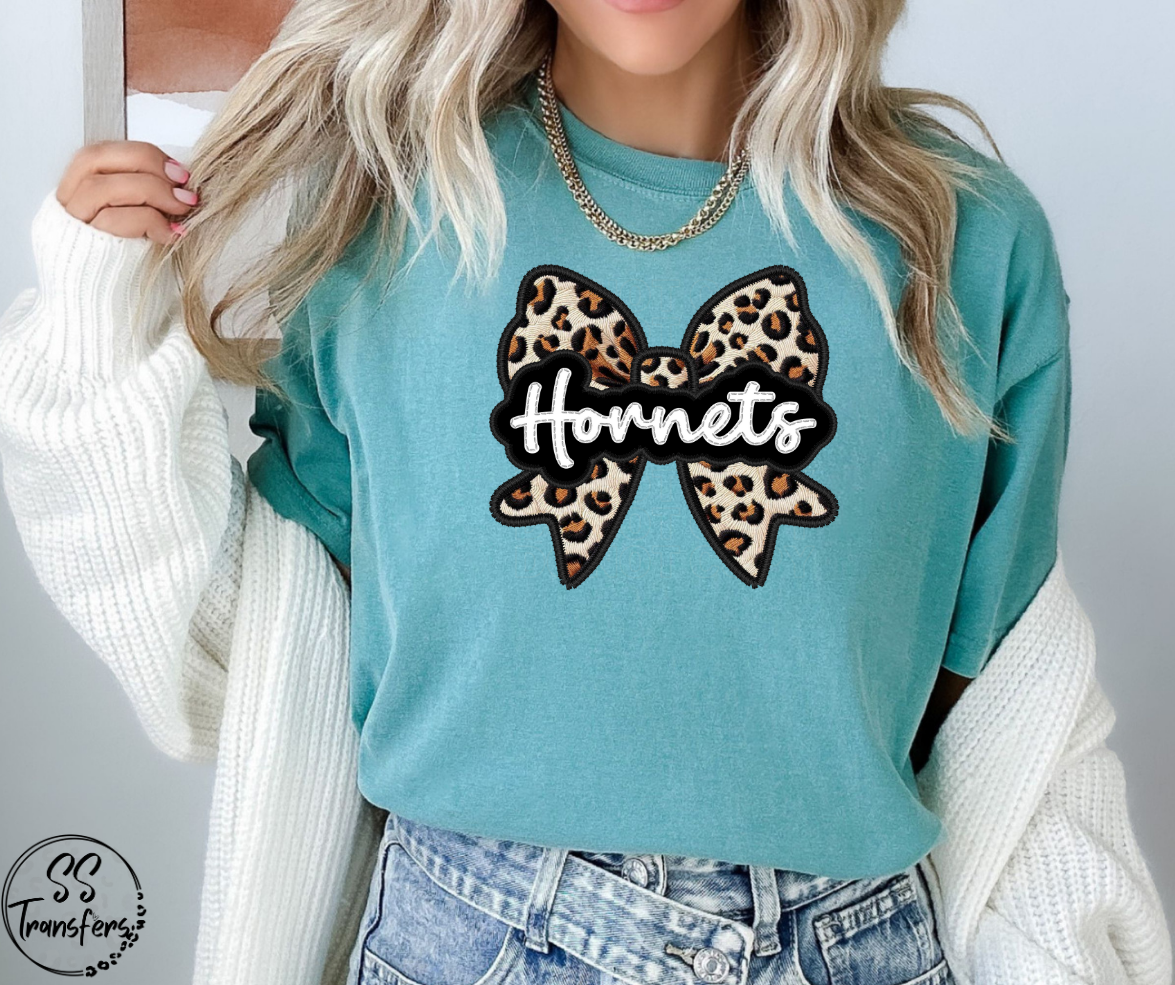 Faux Embroidered Leopard Bow Mascots (Multiple Teams) DTF Transfer