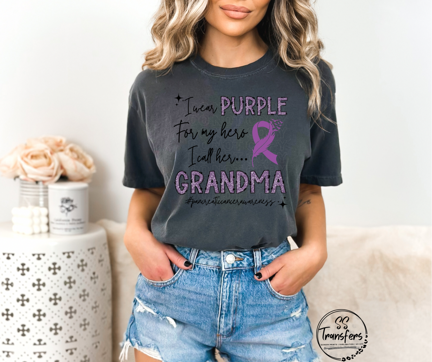 Pancreatic Cancer Purple Glitter My Hero….(multiple options) DTF Transfer