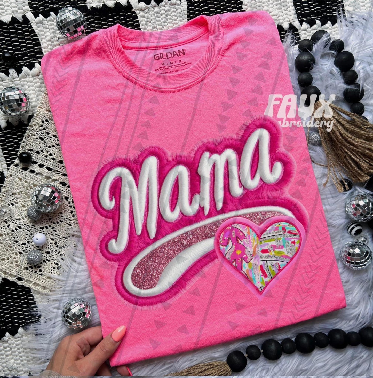 Mama Neon Faux Embroidered Heart Sports (Multiple Options) DTF Transfer